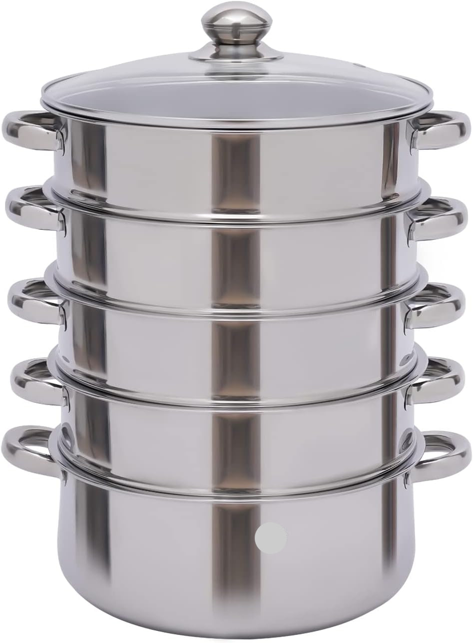 Stainless Steel 5-Layer Steamer (32–40 cm) – Large Capacity with Glass Lid