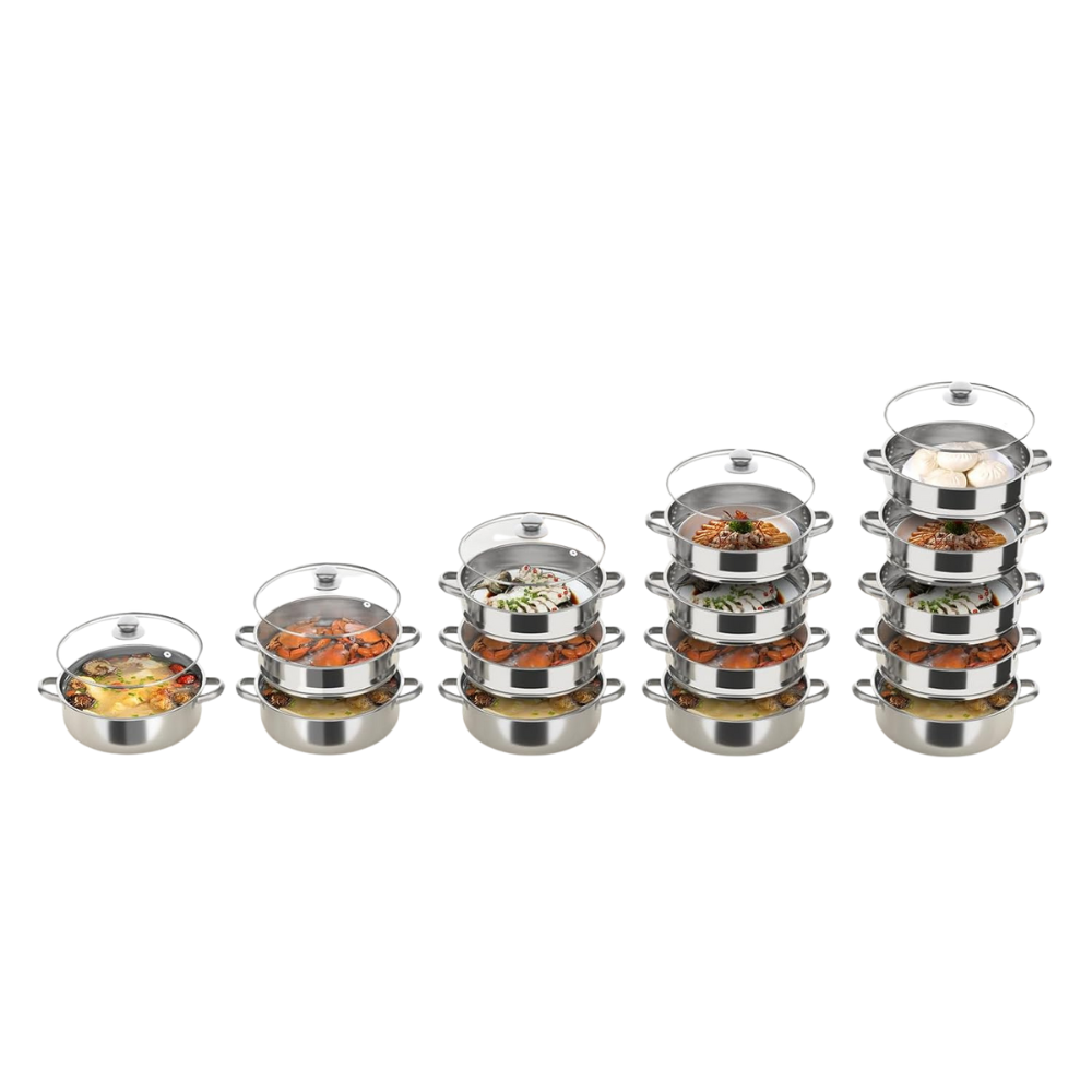 Stainless Steel 5-Layer Steamer (32–40 cm) – Large Capacity with Glass Lid