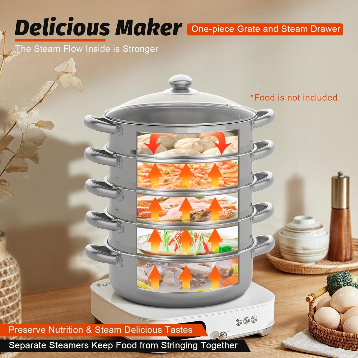 Stainless Steel 5-Layer Steamer (32–40 cm) – Large Capacity with Glass Lid