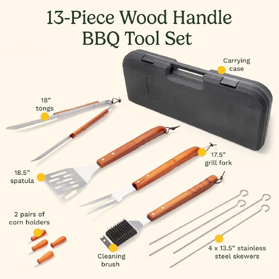 BBQ Grill Tool Set with Carrying Case – Stainless Steel Barbecue Utensils with Wooden Handles