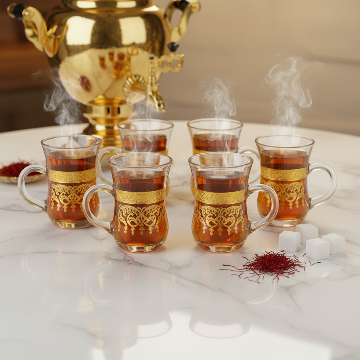 Set Of 6 Elegant Glass Tea Cup Set with Gold Design