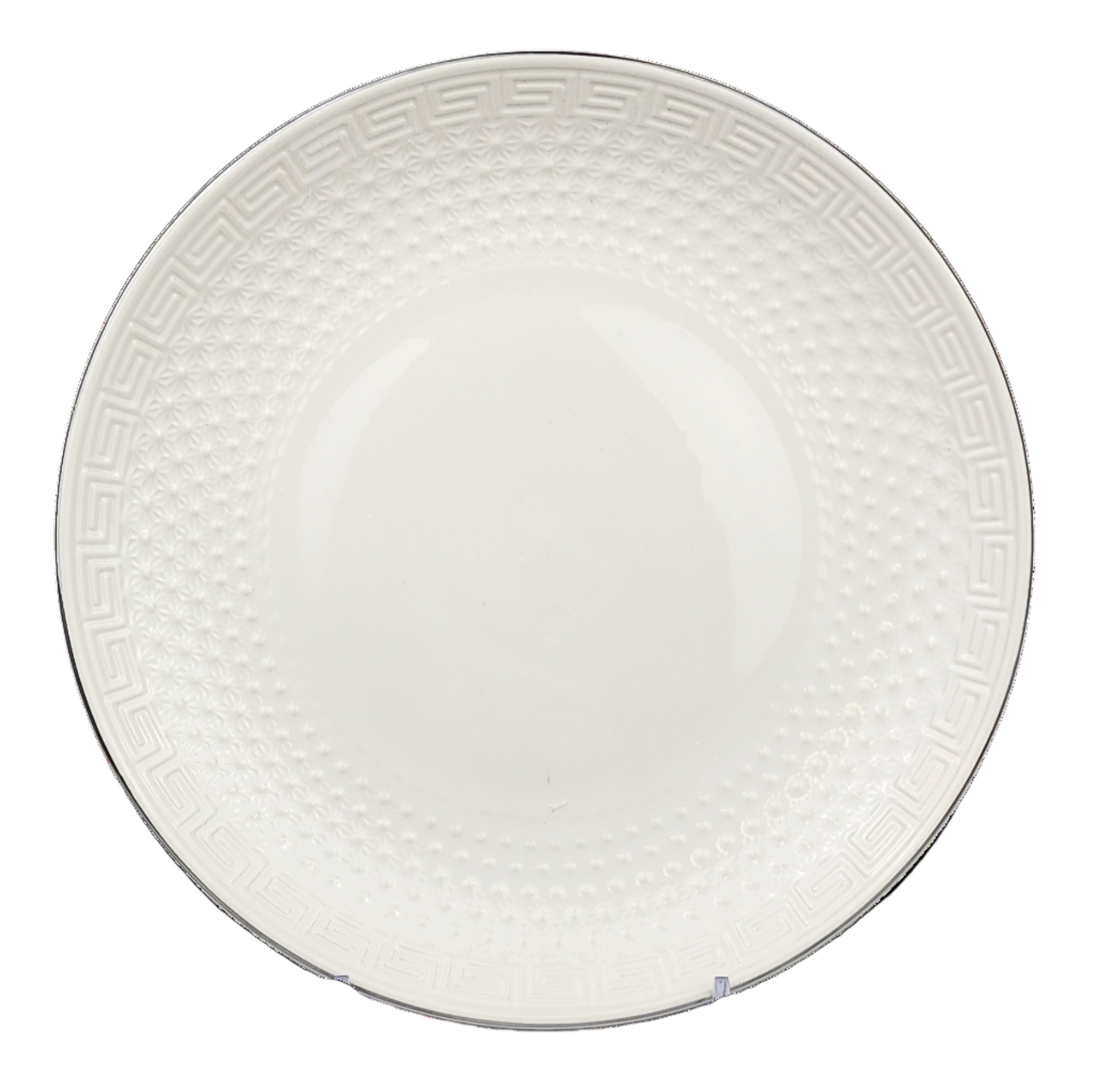 12-Inch Luxury Embossed Ceramic Dinner Plate – White with Gold or Silver Trim