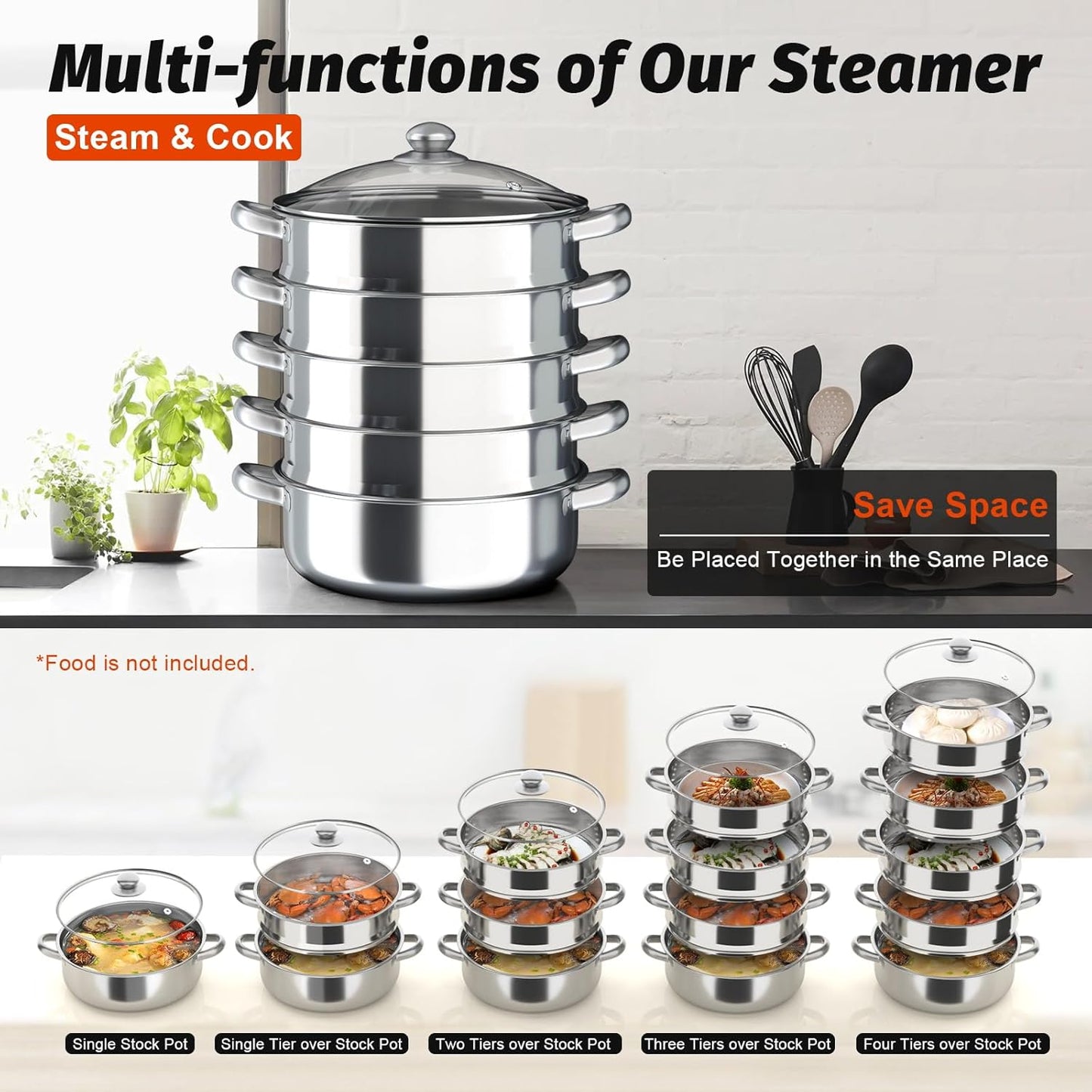 Stainless Steel 5-Layer Steamer (32–40 cm) – Large Capacity with Glass Lid