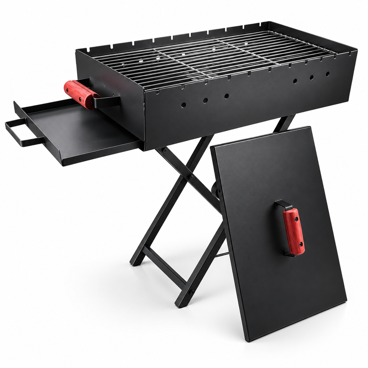 Portable Foldable Charcoal BBQ Grill – Large Outdoor Kebab Grill with Skewer Slots, Wooden Handles & Folding Legs