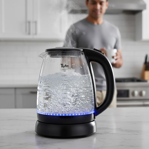 2L Cordless Electric Glass Kettle – Borosilicate Glass, LED Light, Auto Shut-Off, Boil Dry Protection