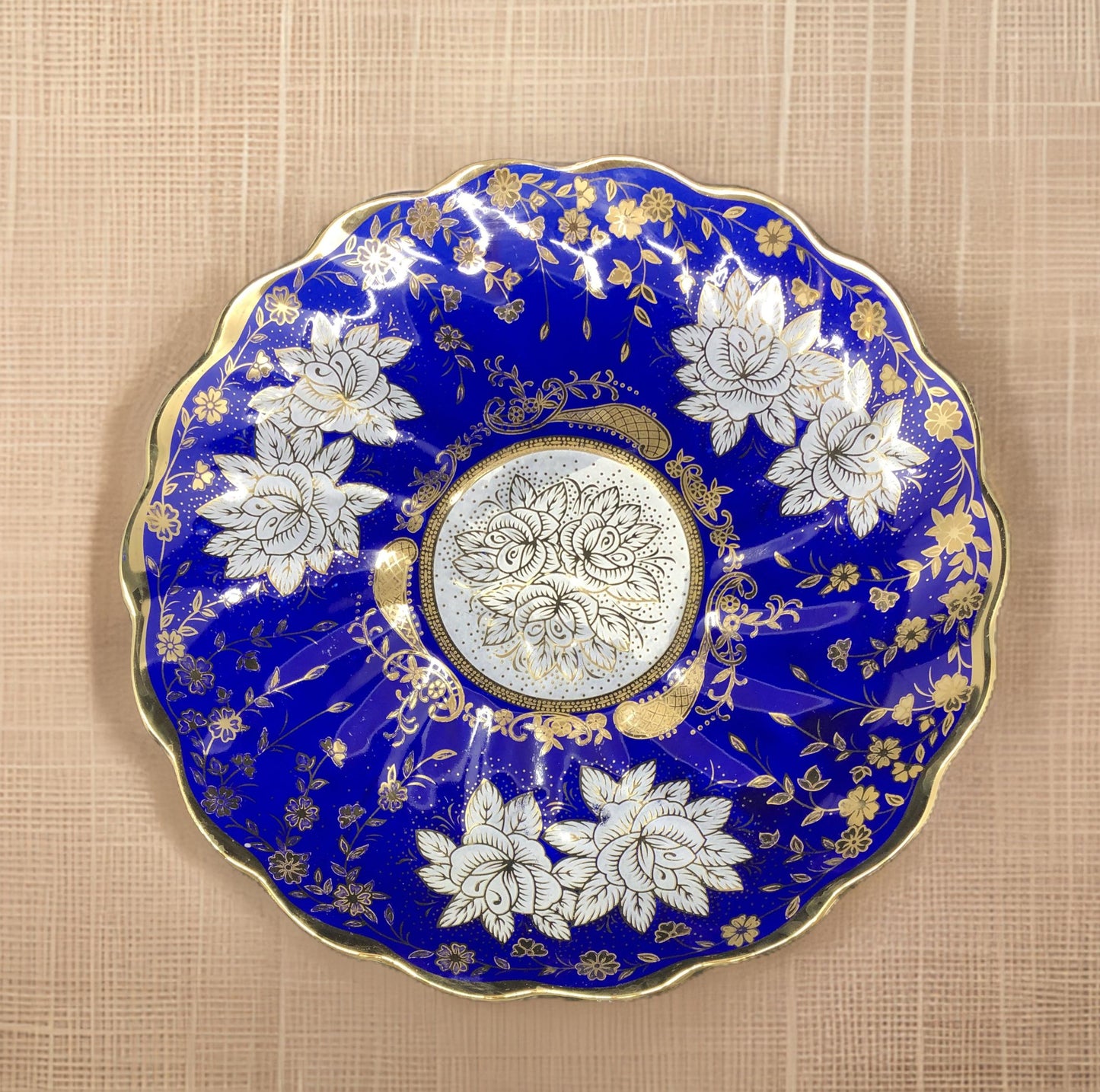 16-Inch Cobalt Blue Decorative Ceramic Plate with Gold & White Floral Design