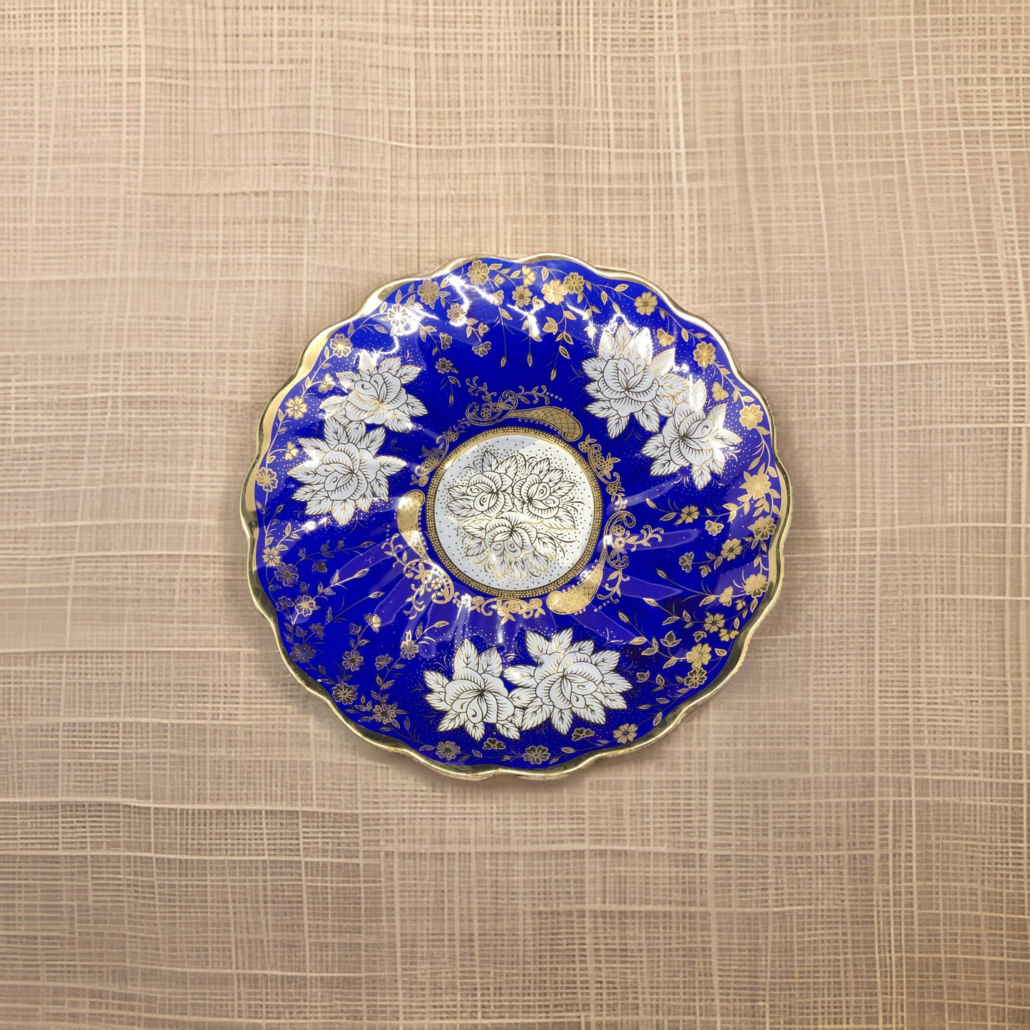 10.5-Inch Cobalt Blue Decorative Ceramic Plate with Gold & White Floral Design