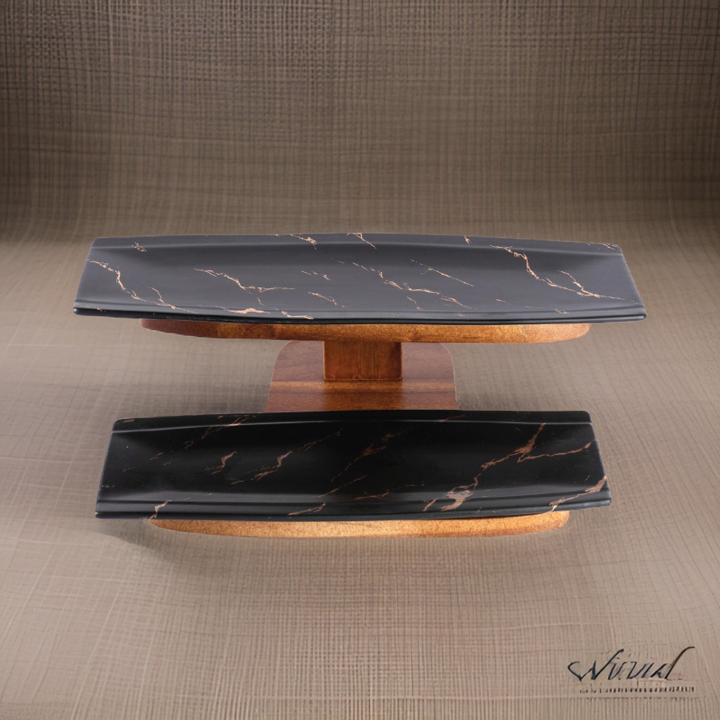 2-Tier Black Marble Design Ceramic Serving Tray Set with Bamboo Stand – Elegant Dessert & Snack Display