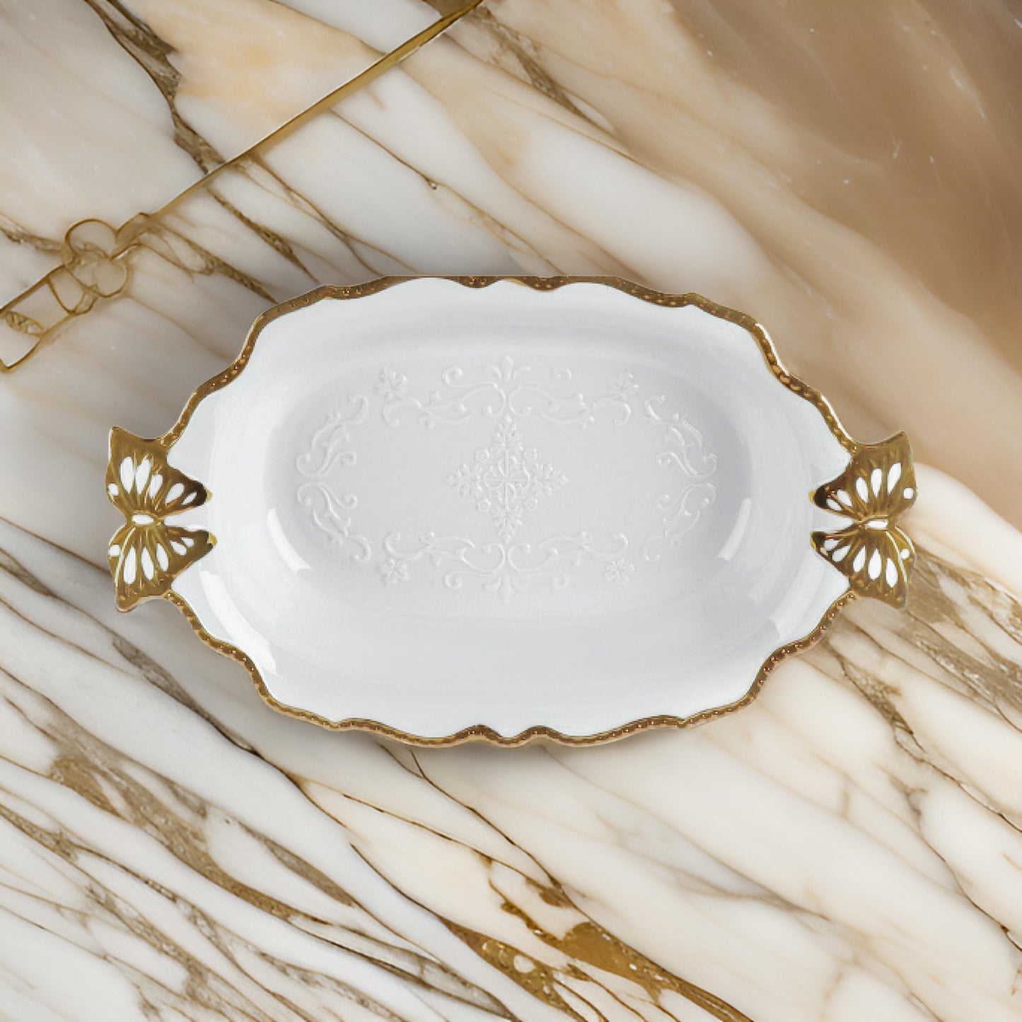 16 Inch Elegant White Ceramic Serving Tray with Gold Butterfly Handles – Decorative Embossed Design