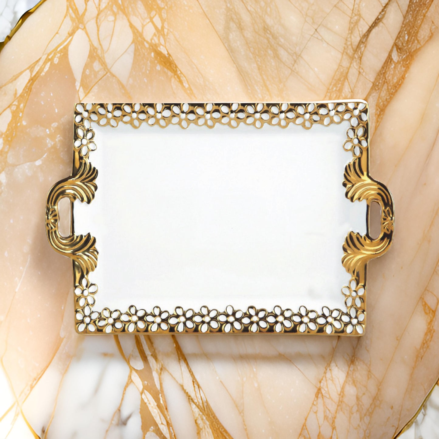 16.5 Inch Luxury Rectangular Ceramic Serving Tray with Handles – White with Silver or Gold Trim