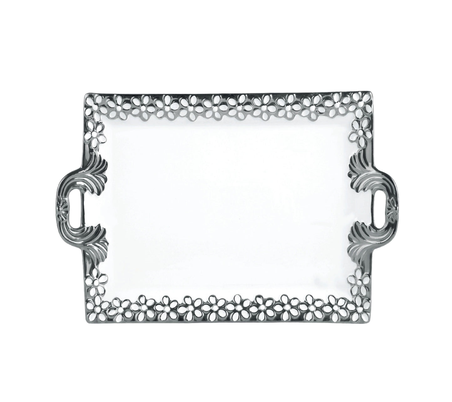 16.5 Inch Luxury Rectangular Ceramic Serving Tray with Handles – White with Silver or Gold Trim