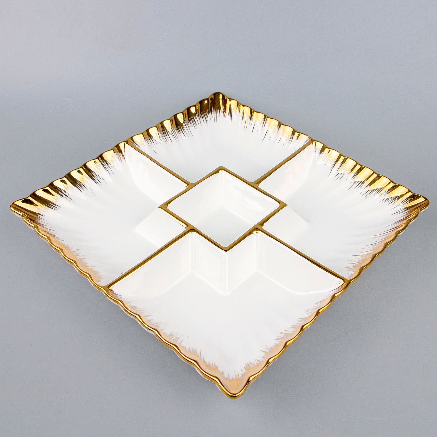 12.5 Inch Luxury Square Ceramic Serving Plate with 5 Built-In Compartments – Gold or Silver Trim