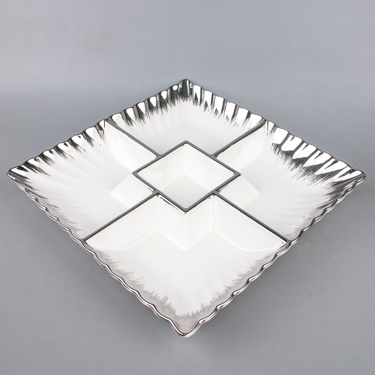 12.5 Inch Luxury Square Ceramic Serving Plate with 5 Built-In Compartments – Gold or Silver Trim