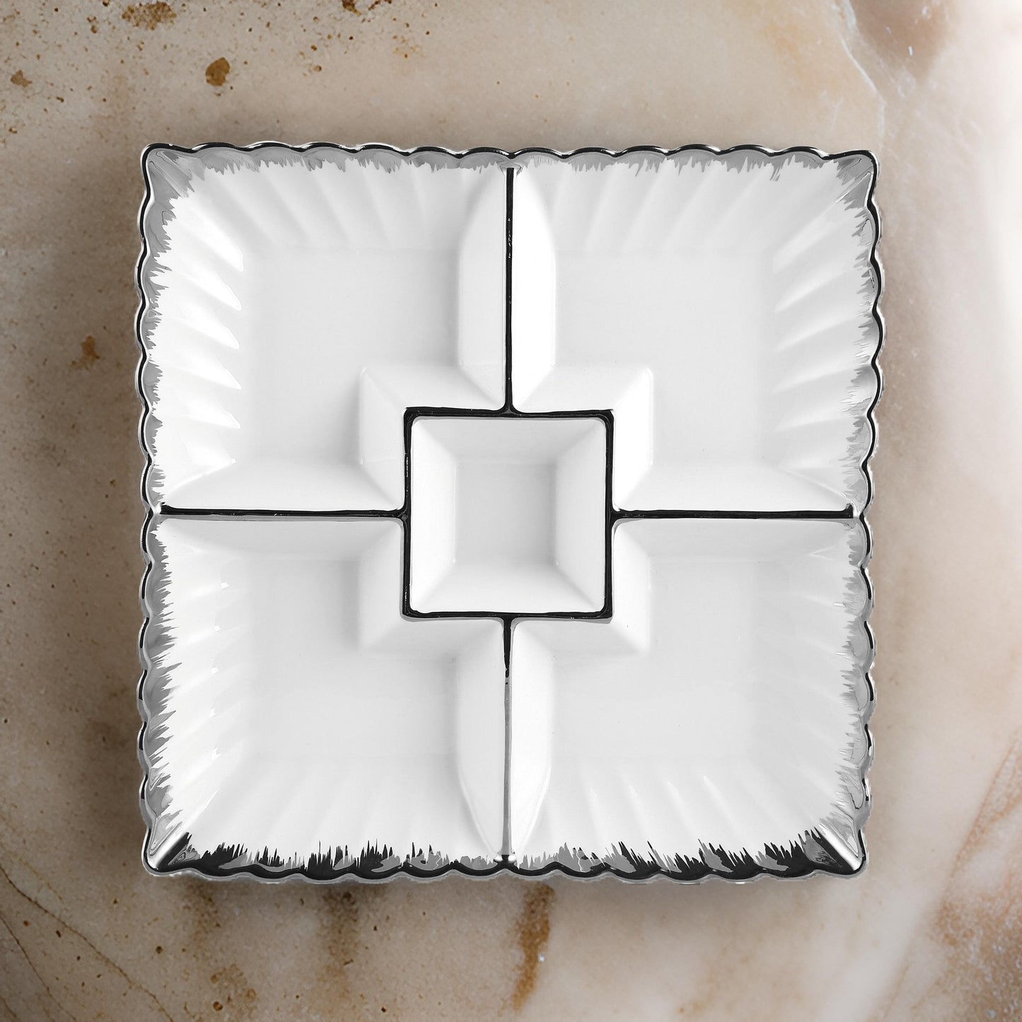 12.5 Inch Luxury Square Ceramic Serving Plate with 5 Built-In Compartments – Gold or Silver Trim