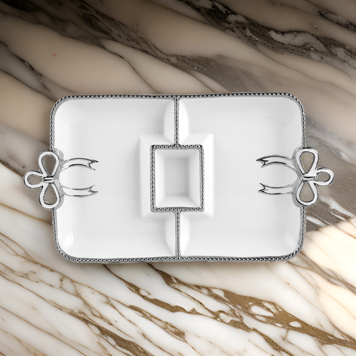 16-Inch Luxury Rectangular Ceramic Sectional Serving Tray with Bow Handles – Gold or Silver Trim