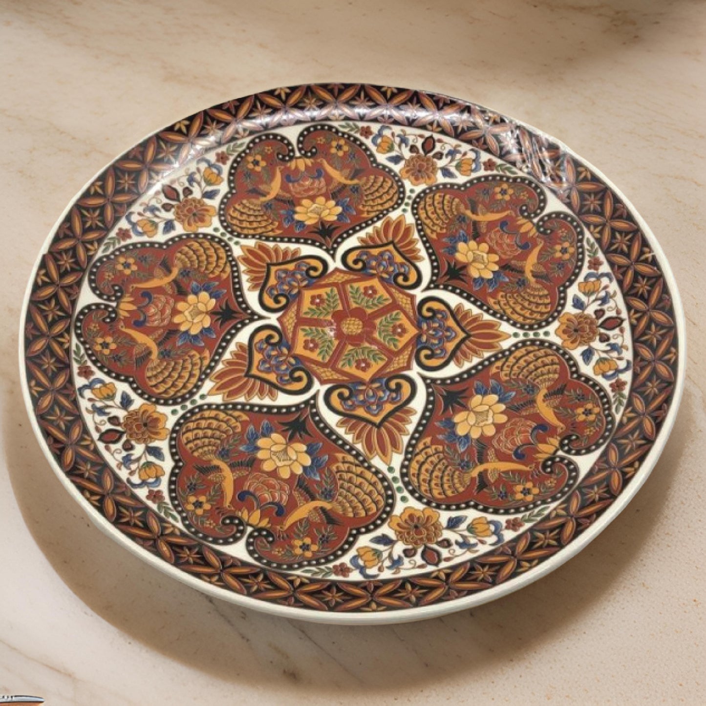 16-Inch Decorative Ceramic Plate – Multicolor Floral & Geometric Design