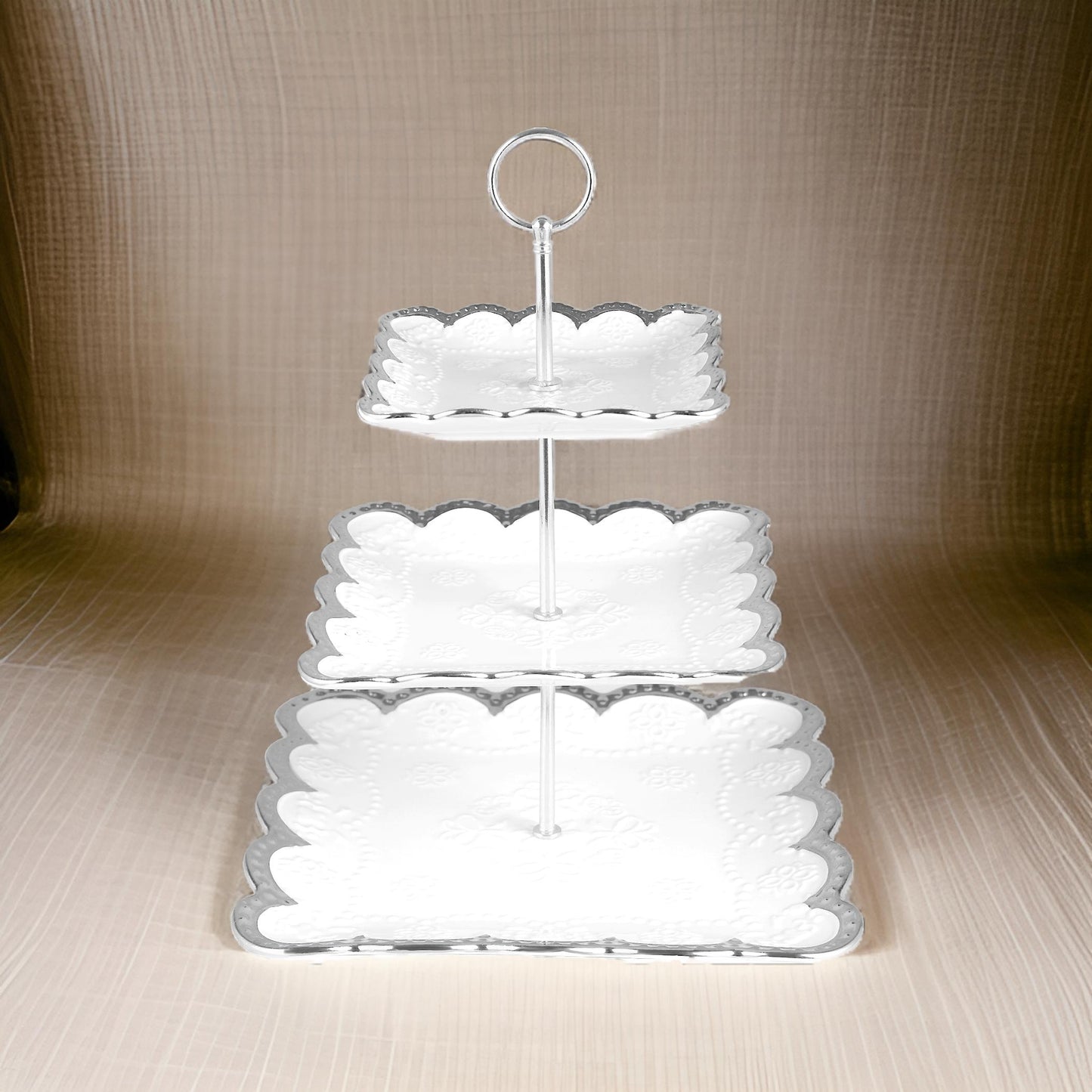 3-Tier Luxury Rectangular Ceramic Serving Stand with Silver Trim – Dessert & Appetizer Display