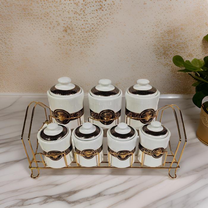 7-Piece Luxury Ceramic Canister Set with Gold Rack – Blue & Gold Greek Key Design
