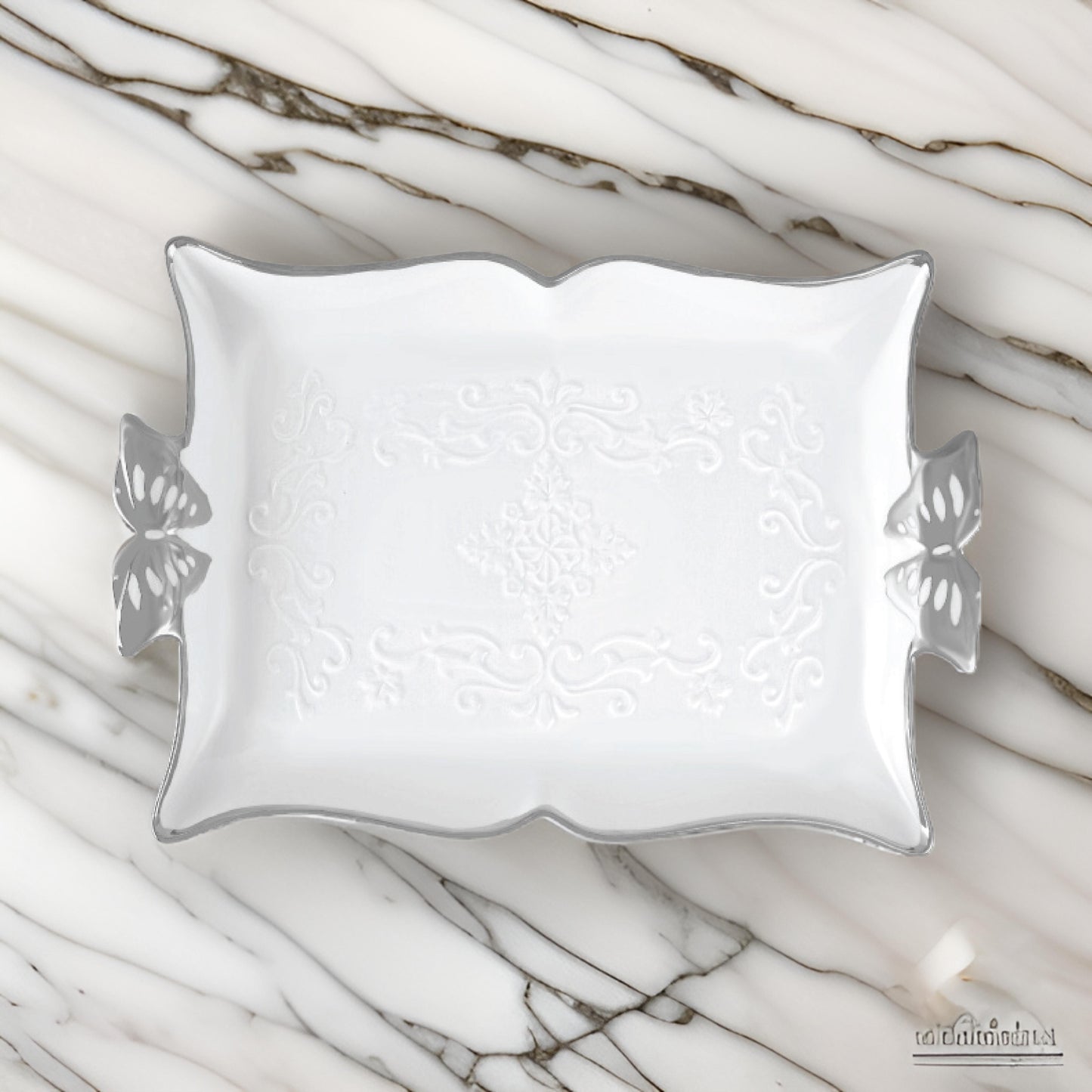 11.5" Rectangular Ceramic Serving Tray with Butterfly Handles – Available in Gold or Silver Trim