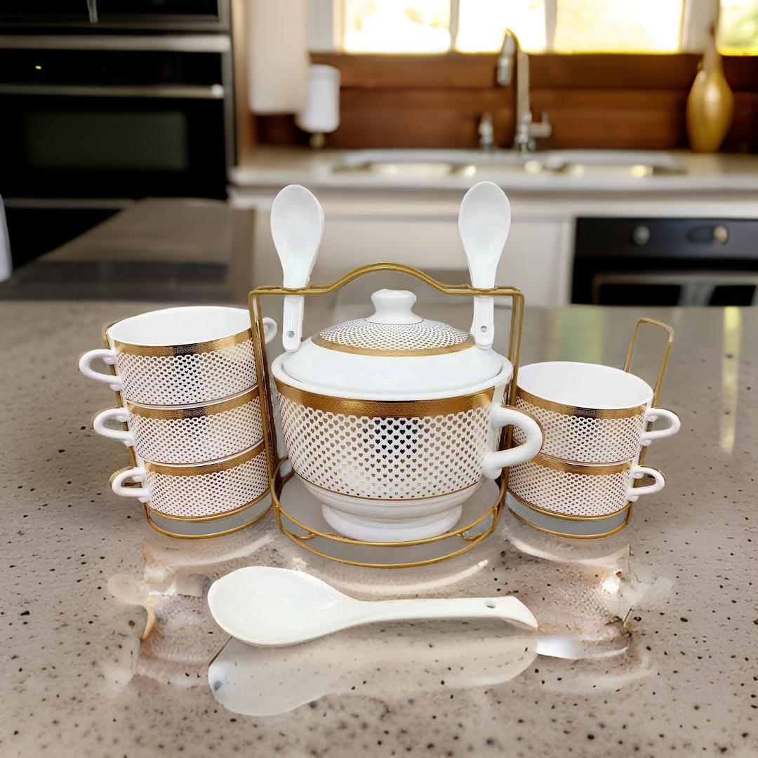14-Piece Ceramic Soup Serving Set with Gold Accents & Metal Stand