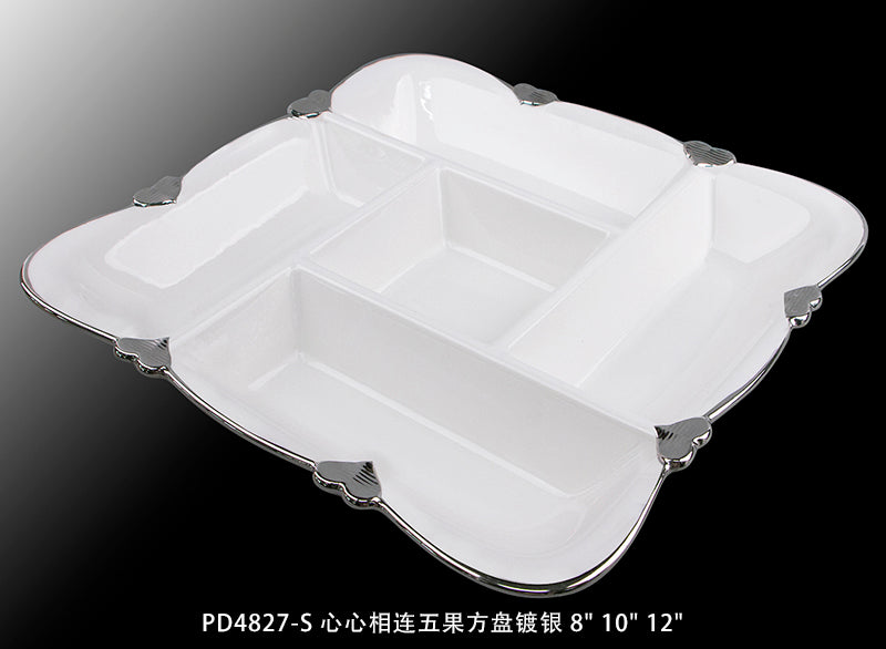 12" Square 5-Section Divided Ceramic Serving Dish with Silver/Gold Trim – Elegant Appetizer & Snack Platter
