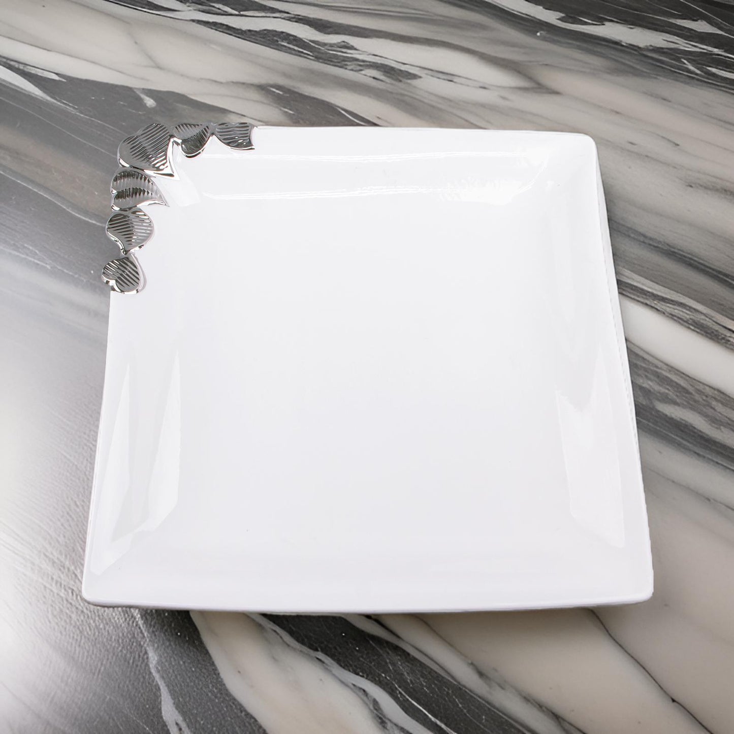 10" Square Ceramic Serving Plate with Silver/Gold Trim – Elegant Dinner, Appetizer & Dessert Dish