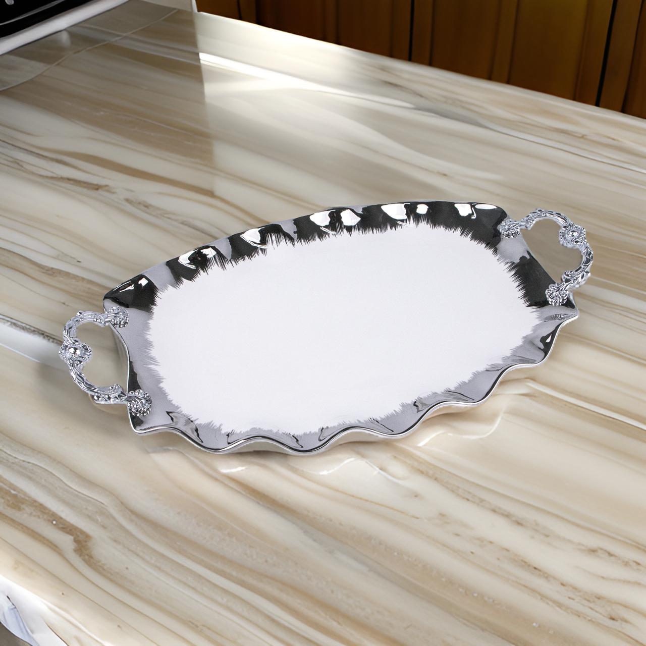 16" Rectangular Ceramic Serving Dish with Ornate Silver Handles