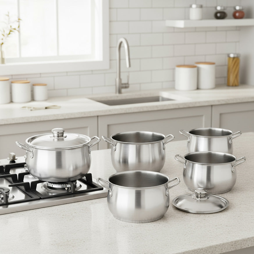 5-Piece Aluminum Traditional Pot Set – Durable Lightweight Cookware for Everyday Cooking, Silver