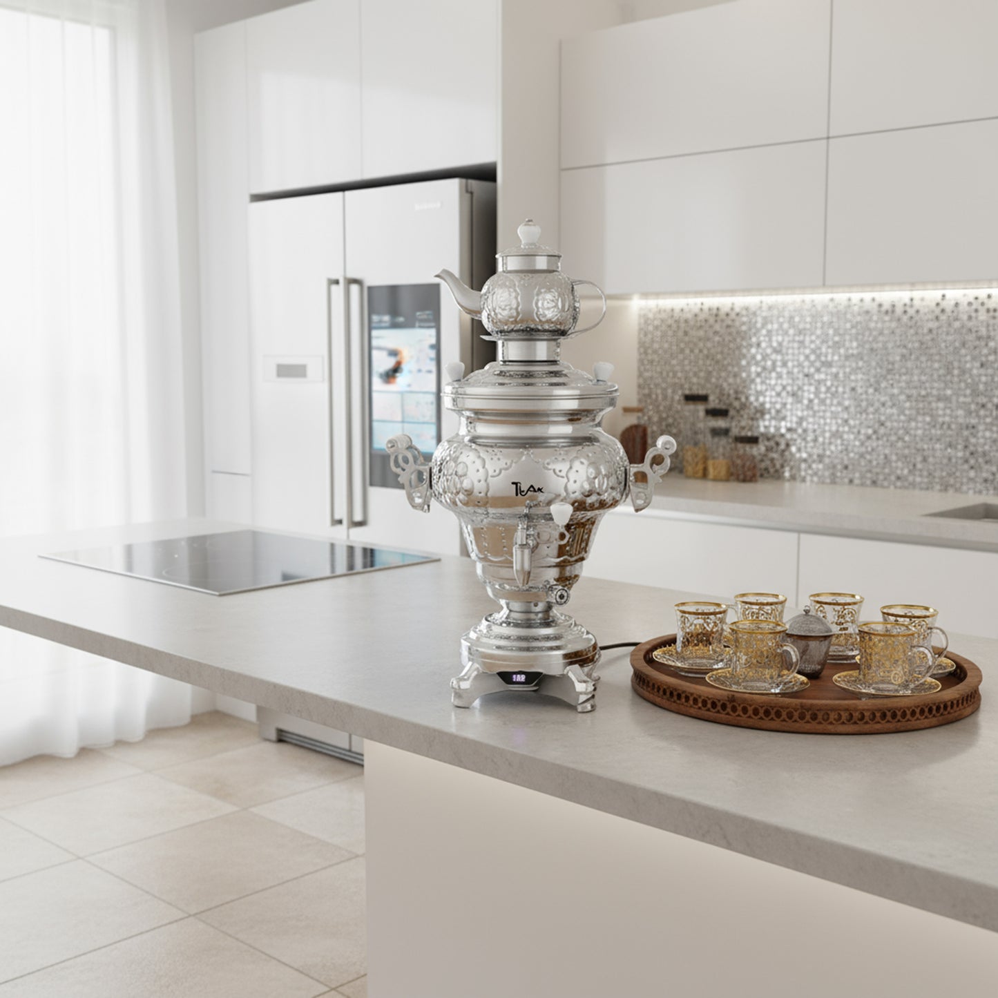 5L Modern Traditional Design Electric Stainless Steel Samovar with 1.2L Teapot with Infuser