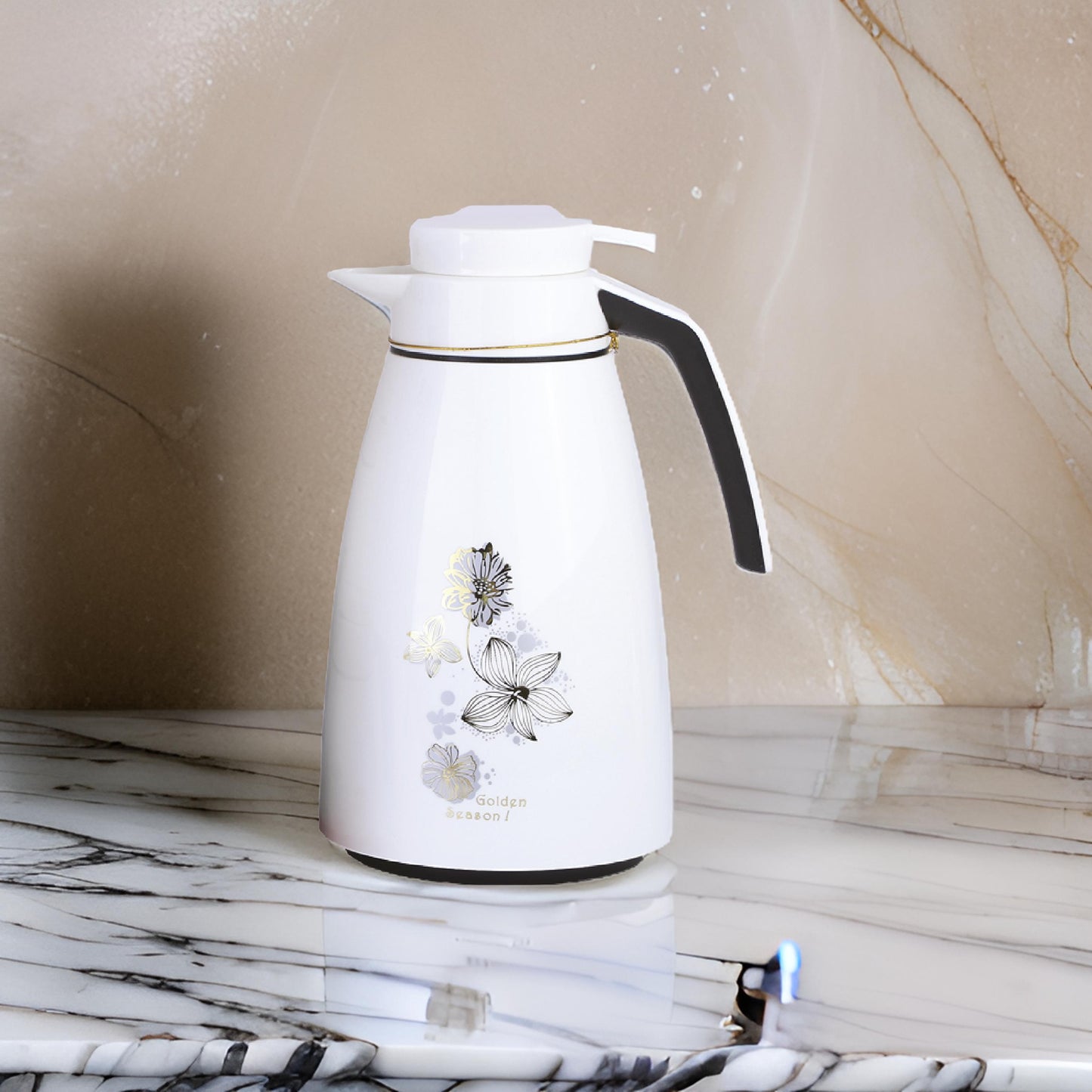 Coffee/Tea Thermos Golden Season – 2.0 Liter PP Body with Pink Glass Inner Pot, Vacuum Insulated Floral Carafe for Hot & Cold Beverages