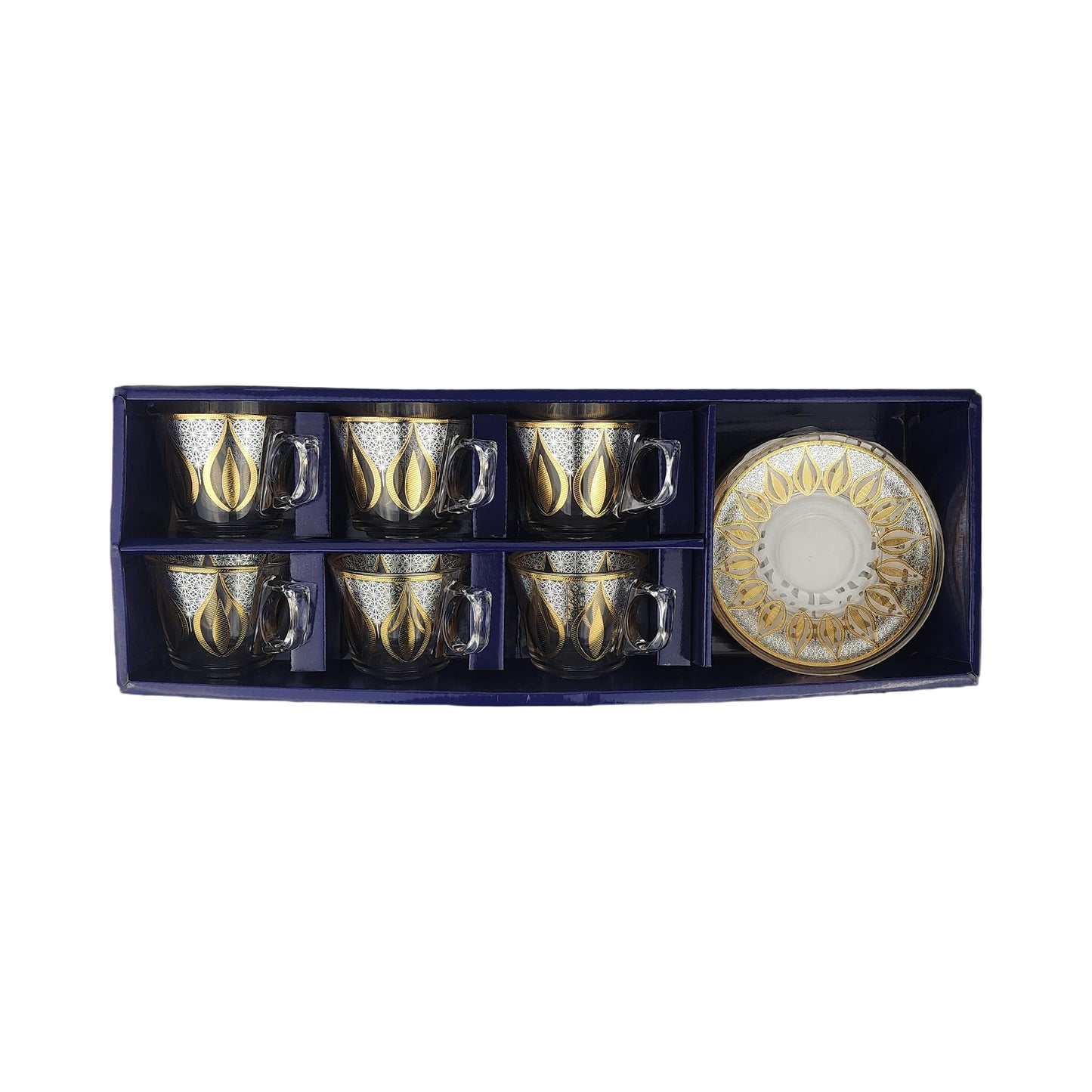 Set Of 6 Luxury Glass Tea Cup & Saucer Set – Gold Pattern Design