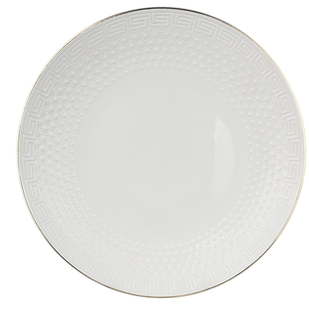 12-Inch Luxury Embossed Ceramic Dinner Plate – White with Gold or Silver Trim