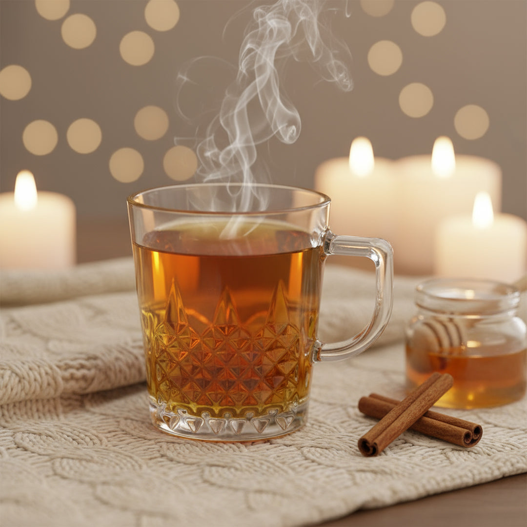 Glass Tea Cup Set (6PC) – 260ML Clear Diamond-Patterned Glass Cups with Handle