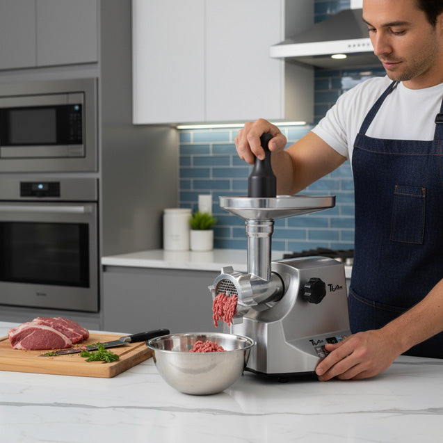 Premium Electric Meat Grinder – 2000W Max Copper Motor, Heavy Duty S/S Body, 2 Stainless Steel Blades & Plates, Sausage Stuffer Tubes & Kubbe Maker