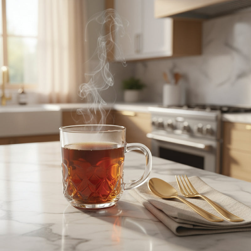 Glass Tea Cup Set (6PC) – 230ML Round Diamond-Cut Clear Glass Cups with Handle