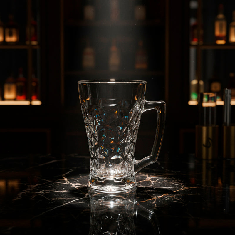 Glass Tea Cup Set (6PC) – 240ML Diamond-Cut Pattern Clear Glass Cups with Handle