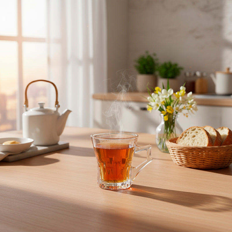 Glass Tea Cup Set (6PC) – 160ML Clear Glass Cups with Modern Handle Design