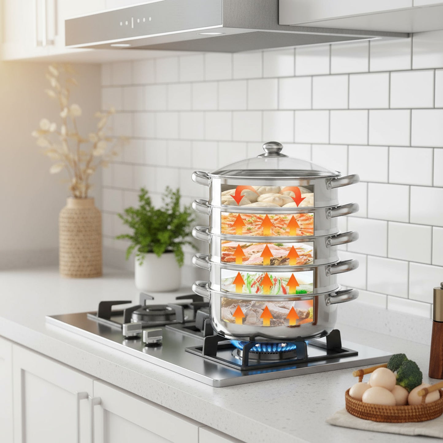 Stainless Steel 5-Layer Steamer (32–40 cm) – Large Capacity with Glass Lid