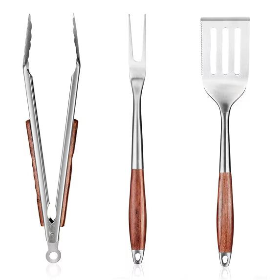 Heavy-Duty 3-Piece BBQ Grill Tool Set – Stainless Steel with Ergonomic Rosewood Handles