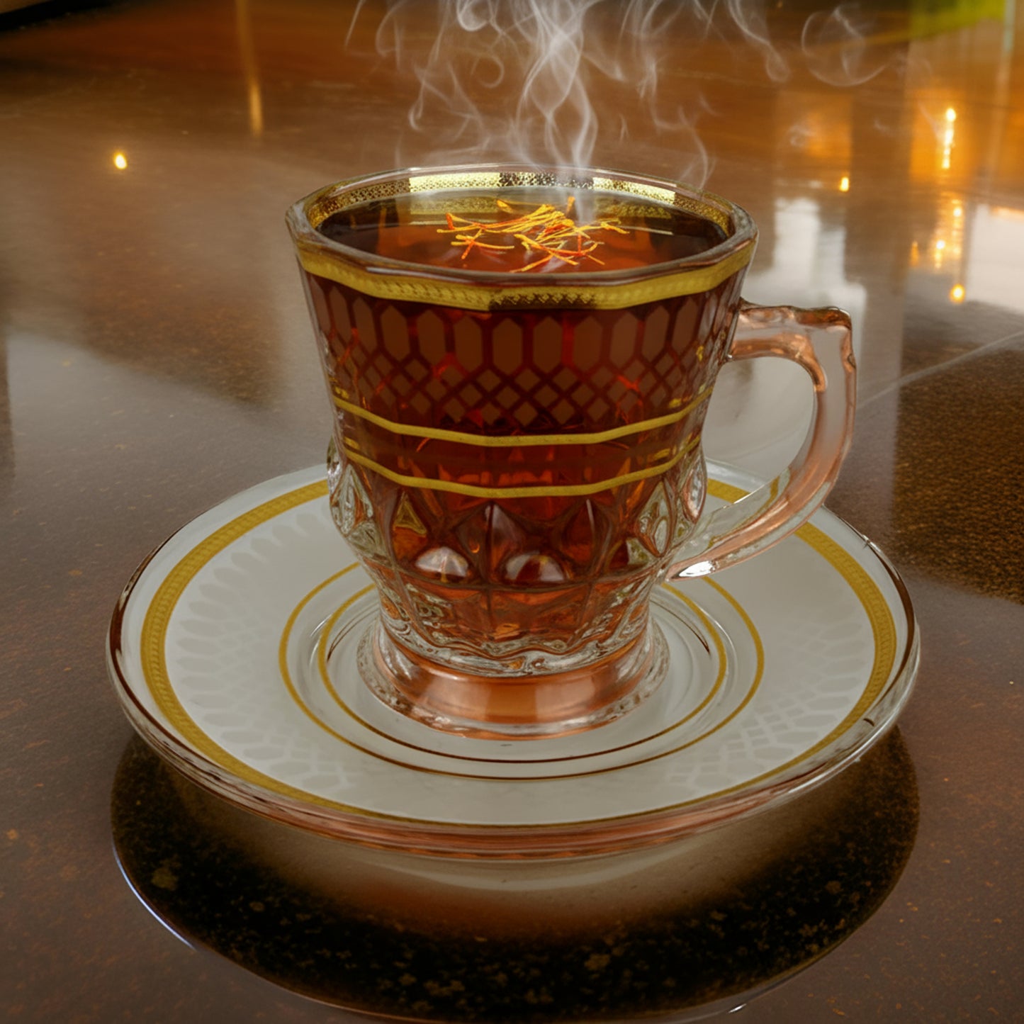 Set of 6 Glass Tea Cups with Matching Saucers – Elegant Gold Trim