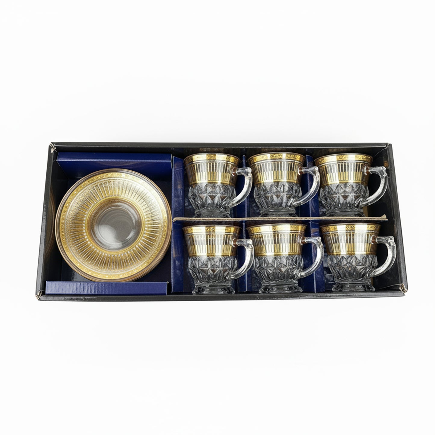 Set of 6 Glass Tea Cups with Matching Saucers – Elegant Gold Trim