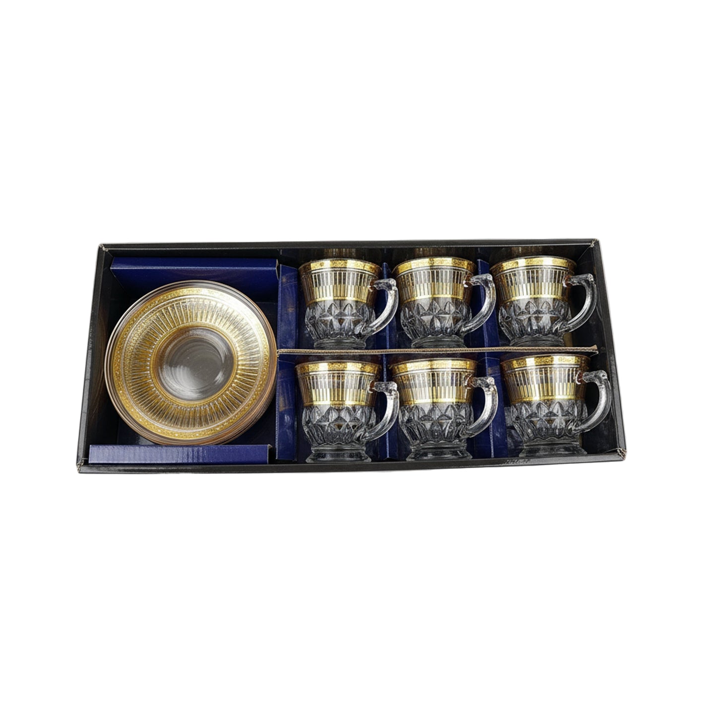 Set of 6 Premium Glass Tea Cups with Matching Saucers – Gold Trim Design