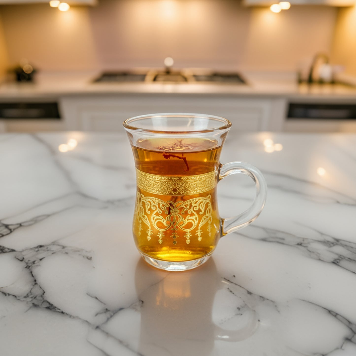 Set Of 6 Elegant Glass Tea Cup Set with Gold Design