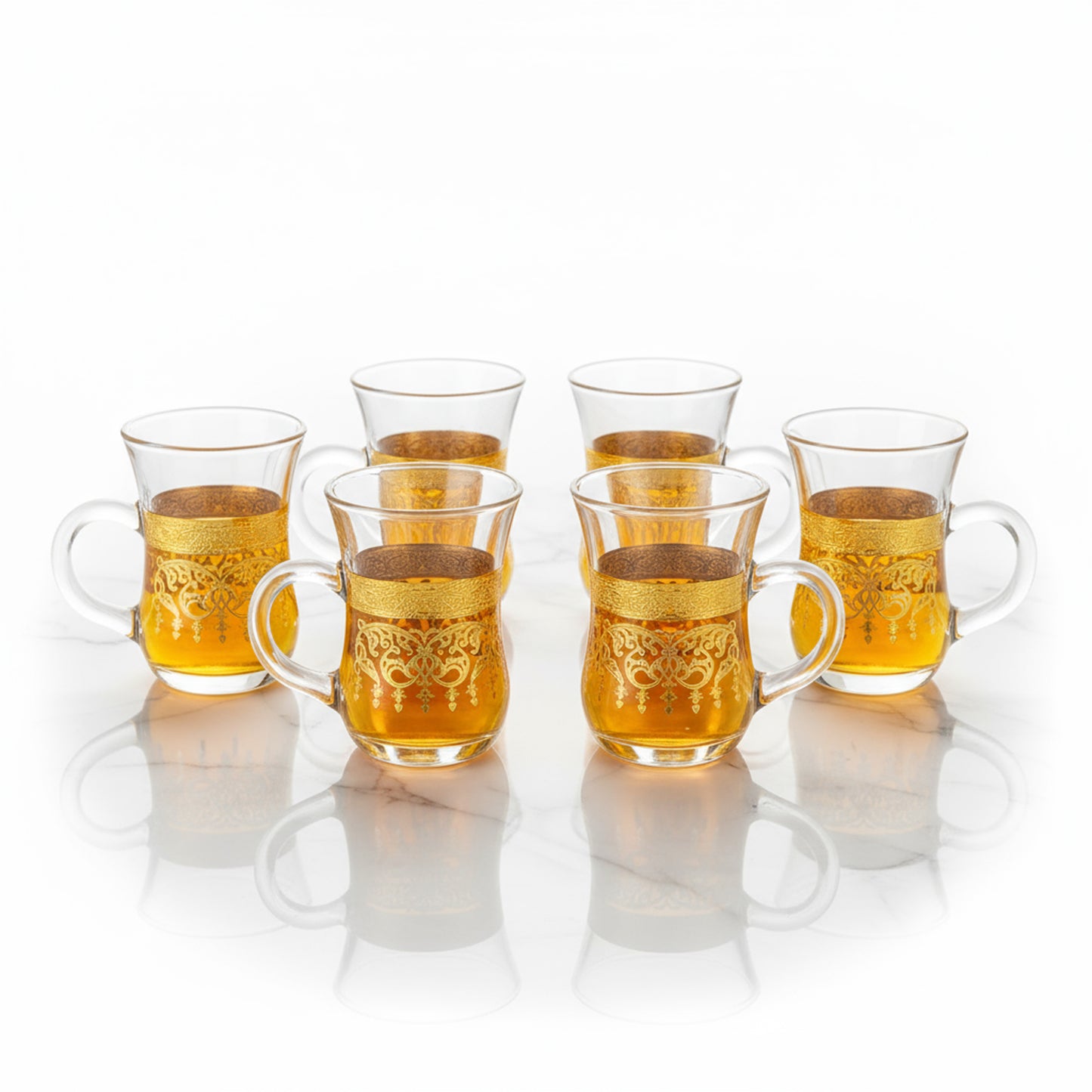 Set Of 6 Elegant Glass Tea Cup Set with Gold Design