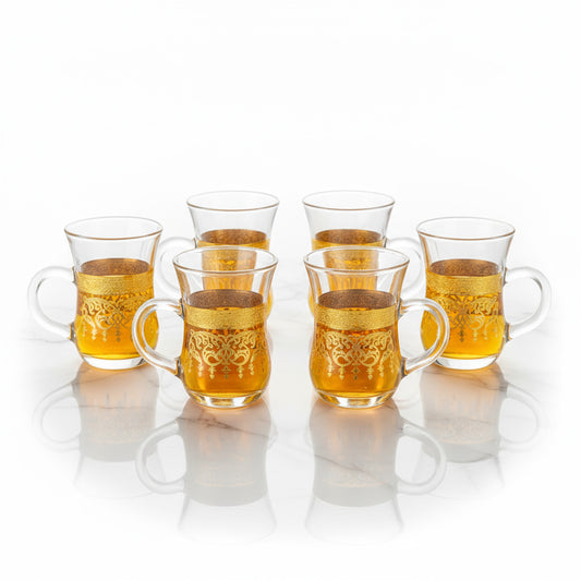 Set Of 6 Elegant Glass Tea Cup Set with Gold Design