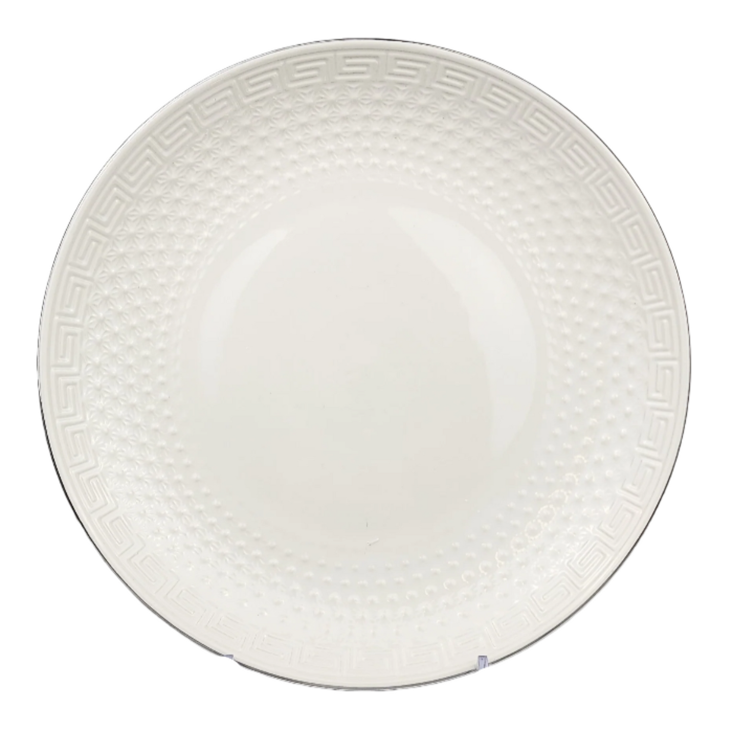 16-Inch Luxury Embossed Ceramic Dinner Plate – White with Gold or Silver Trim