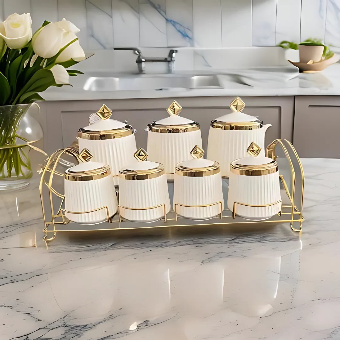 7-Piece Ceramic Spice Jar Set with Gold Lids & Rack – Luxury Kitchen Storage