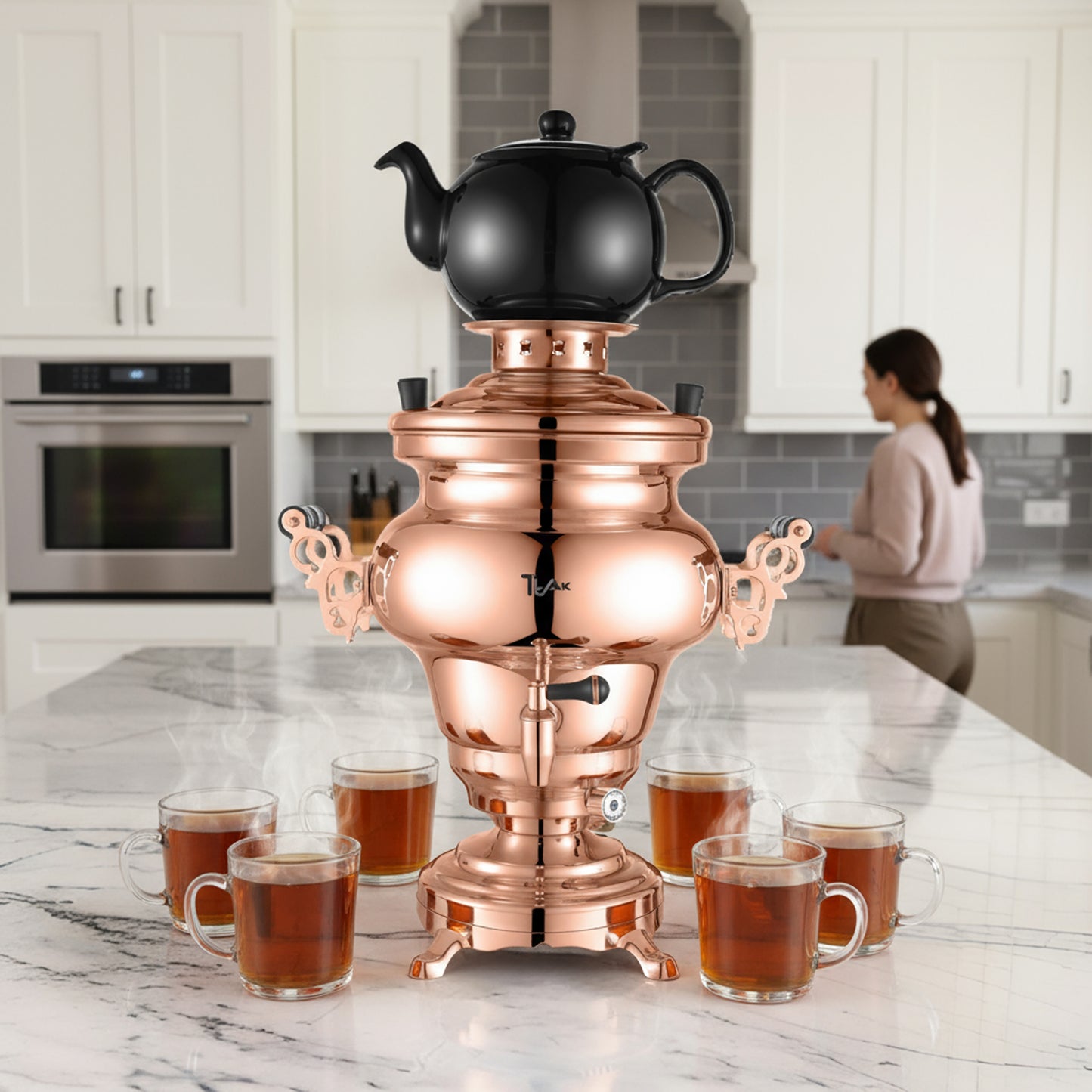 5L Electric Stainless Steel Copper Design Samovar with 1.2L Porcelain Teapot with Infuser