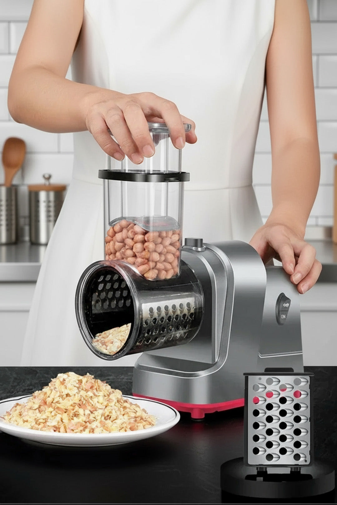 250W Electric Cheese Grater & Salad Maker – 6 Blade Attachments for Slicing, Shredding & Chopping Vegetables, Fruits & Cheese