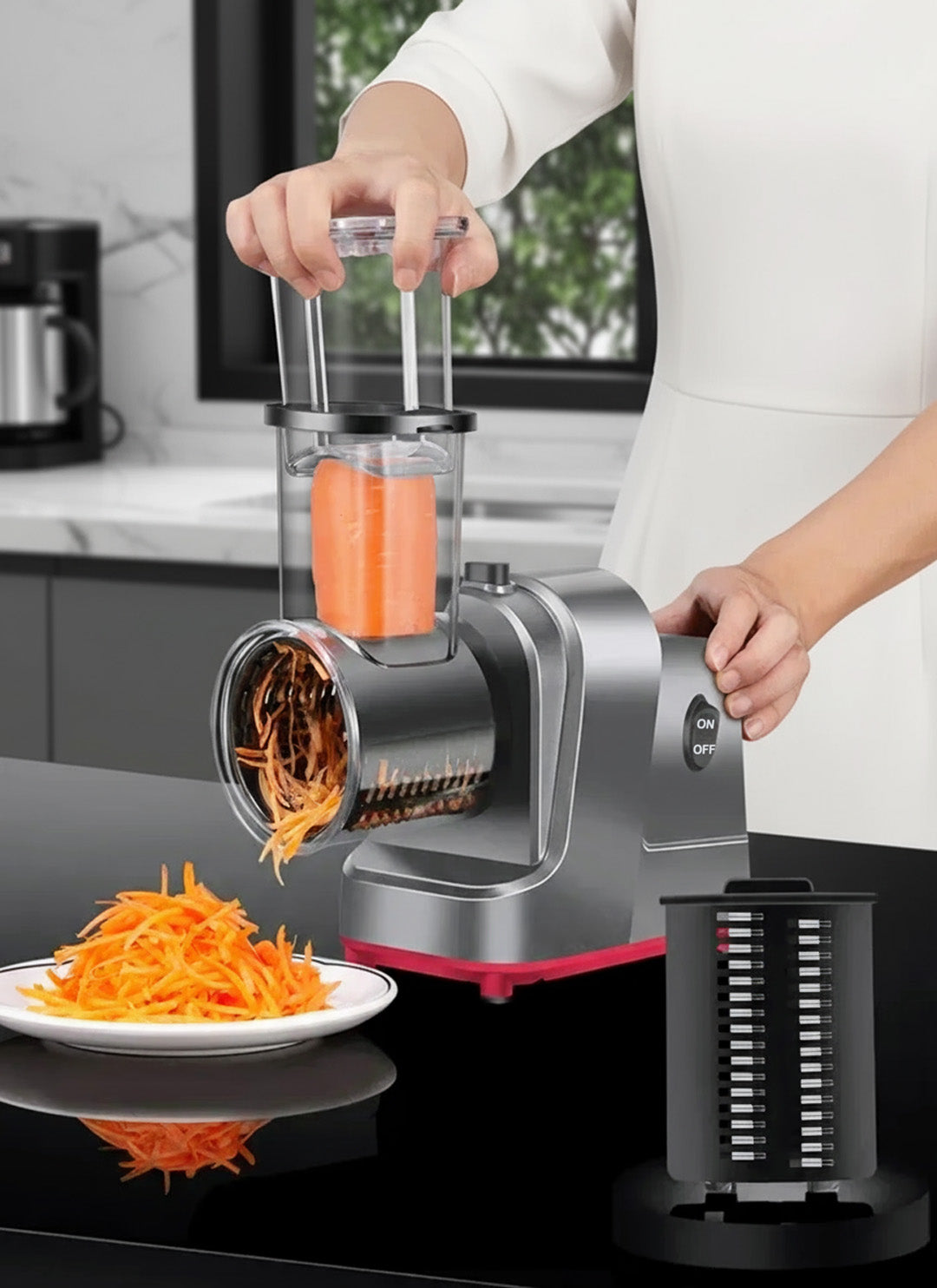 250W Electric Cheese Grater & Salad Maker – 6 Blade Attachments for Slicing, Shredding & Chopping Vegetables, Fruits & Cheese